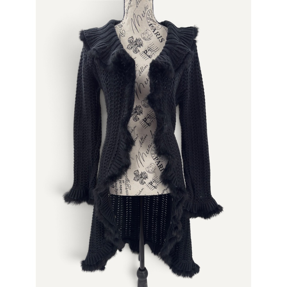 Rare VTG Adore Cardigan Black Faux Fur Crochet Knit S Witchy Goth Fairy Grunge